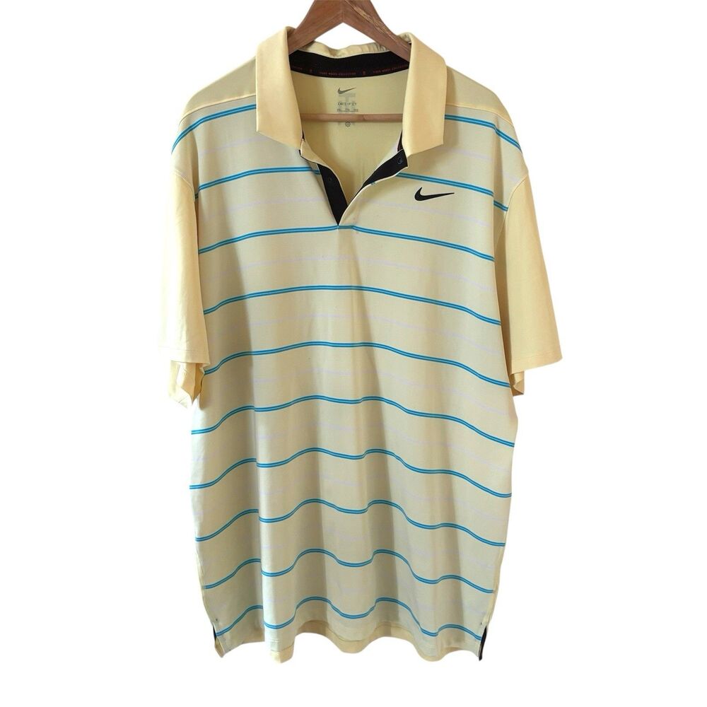 Nike Tiger Woods Men Golf Polo Shirt XXL Yellow Striped Dri-Fit Performance Logo